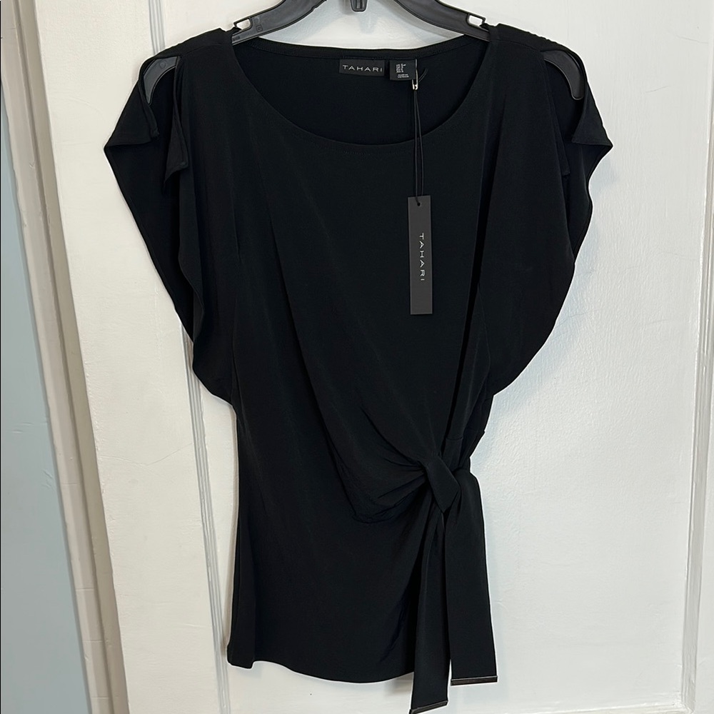 Tahari Black Side Knot Draped Blouse